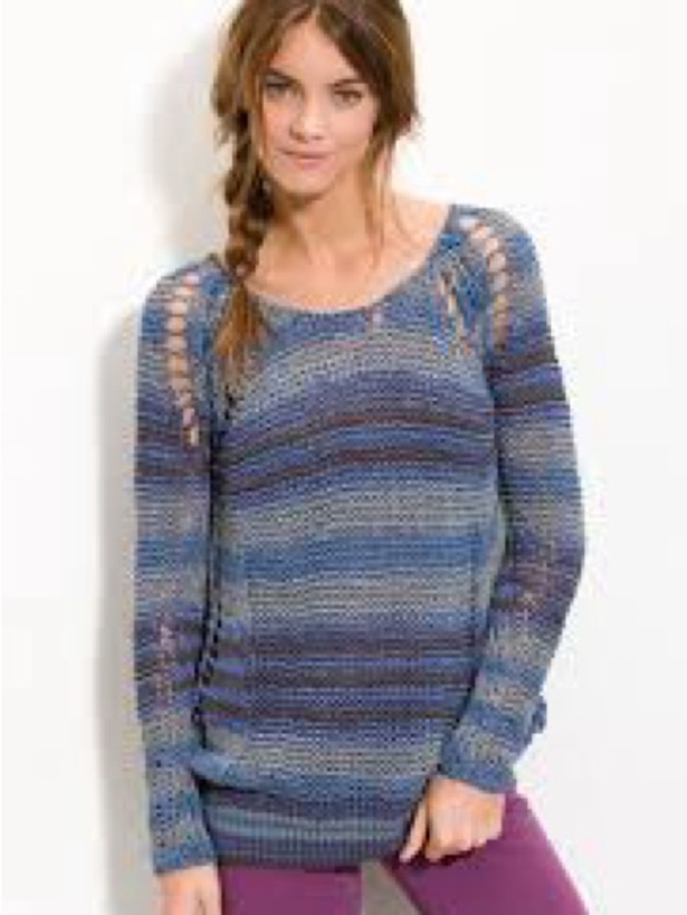 Free People Blue Multitone Open-Knit Scoop Neck Sweater